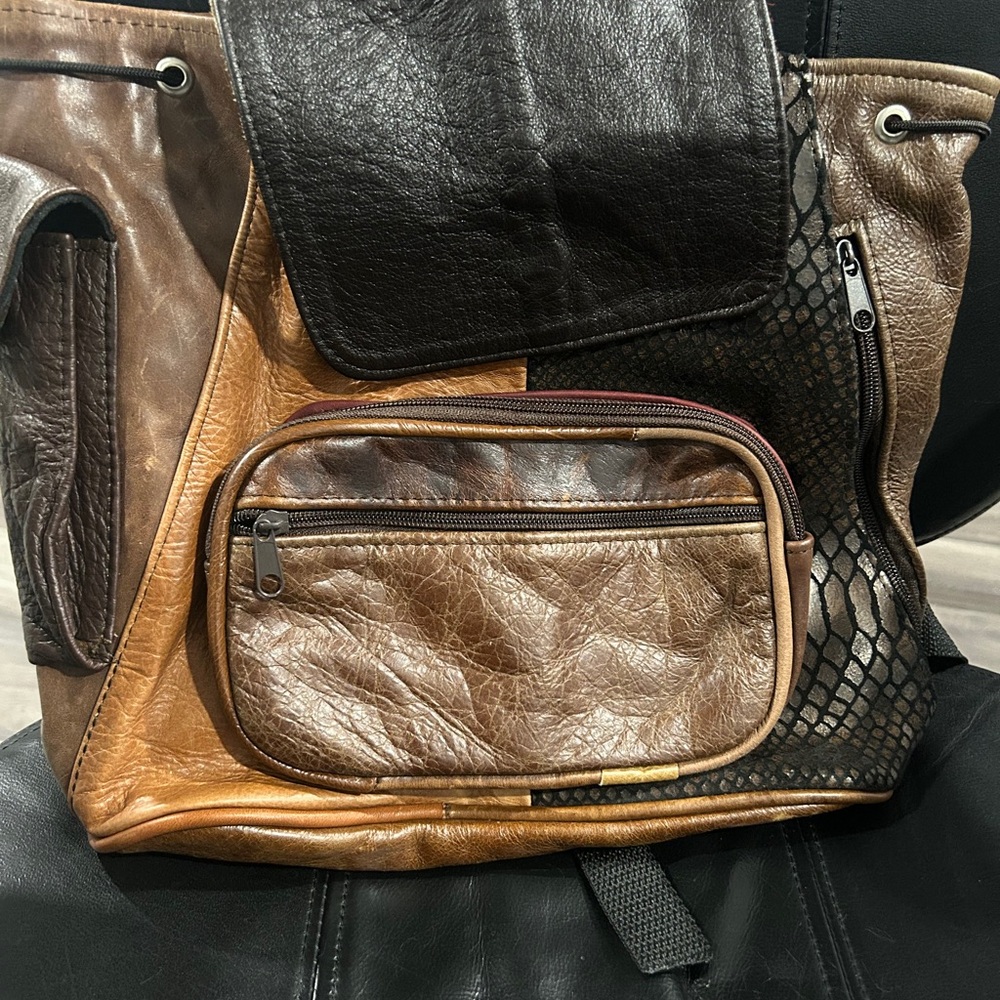 Brown Leather Patchwork Drawstring Backpack Bag - image 1